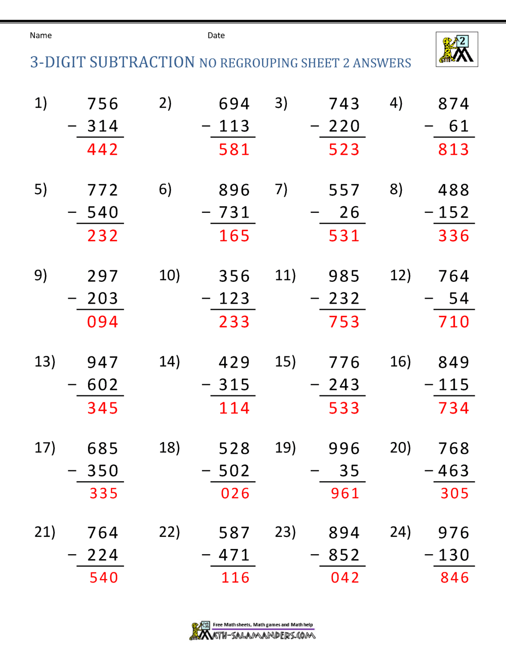 Subtraction With Regrouping 3 Digits Pdf