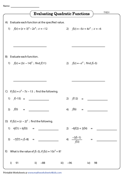 Evaluating Quadratic Functions Worksheets