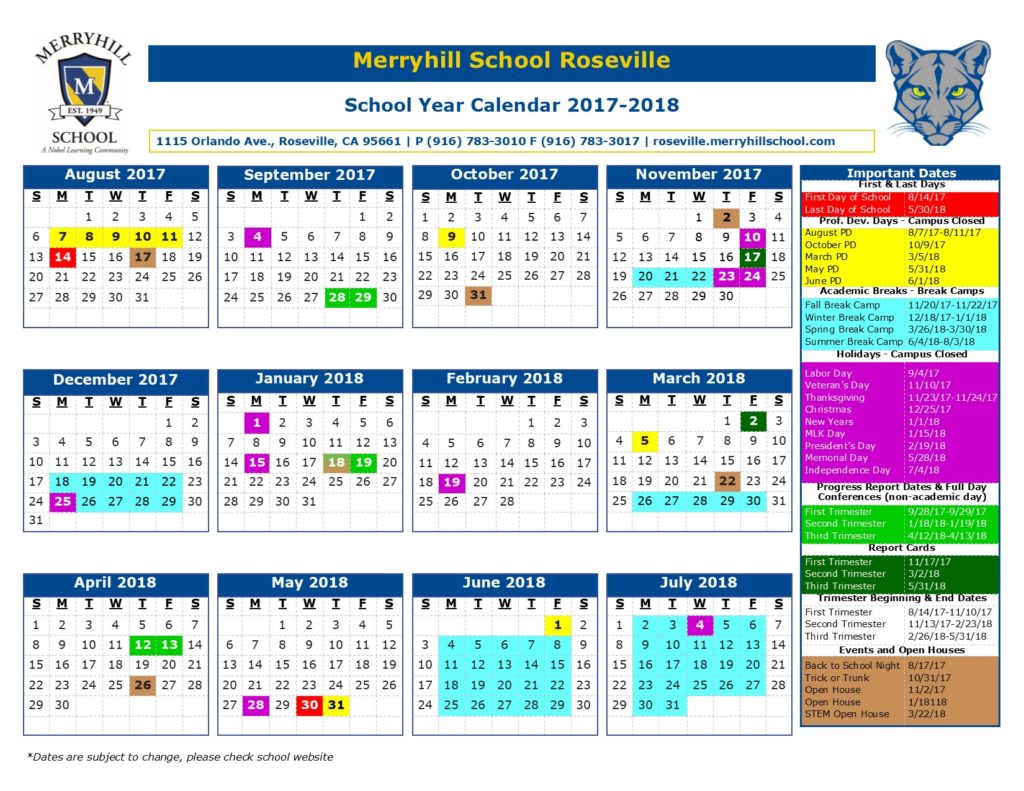 Roseville School District Calendar 21 22 School Year Calendar Merryhill Elementary & Middle School Roseville, CA