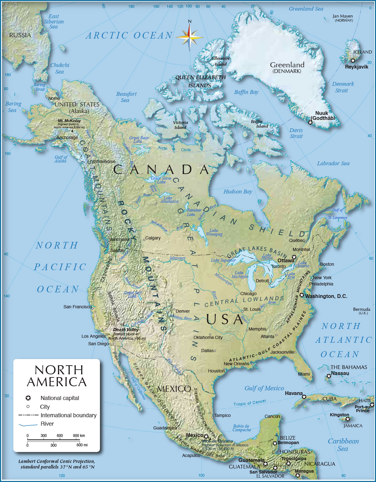 Blank Physical Map Of North America With Rivers And Mountains