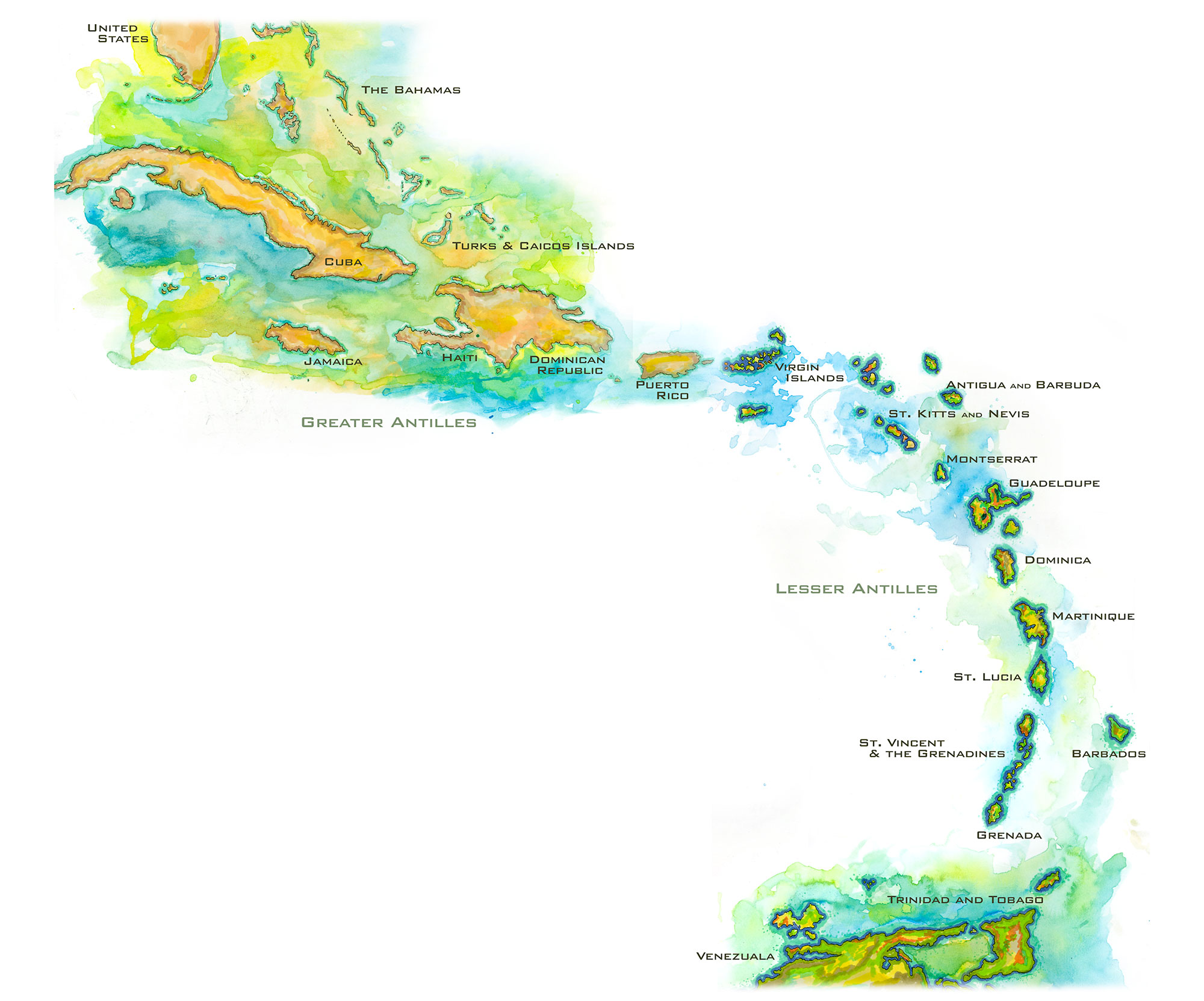 West Indies Map Watercolor Map of the West Indies