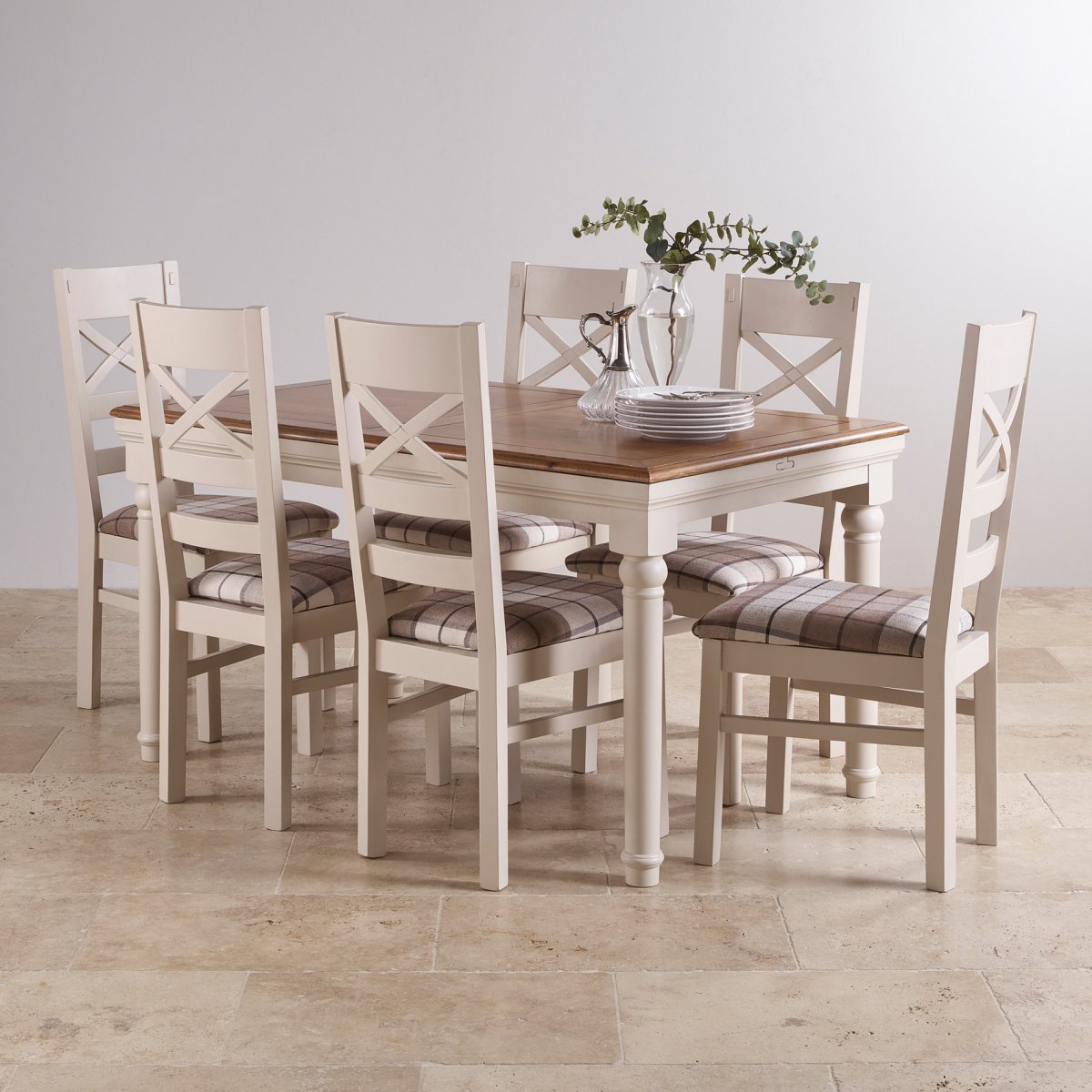 Shay Dining Table Set in Painted Oak + 6 Brown Check Chairs