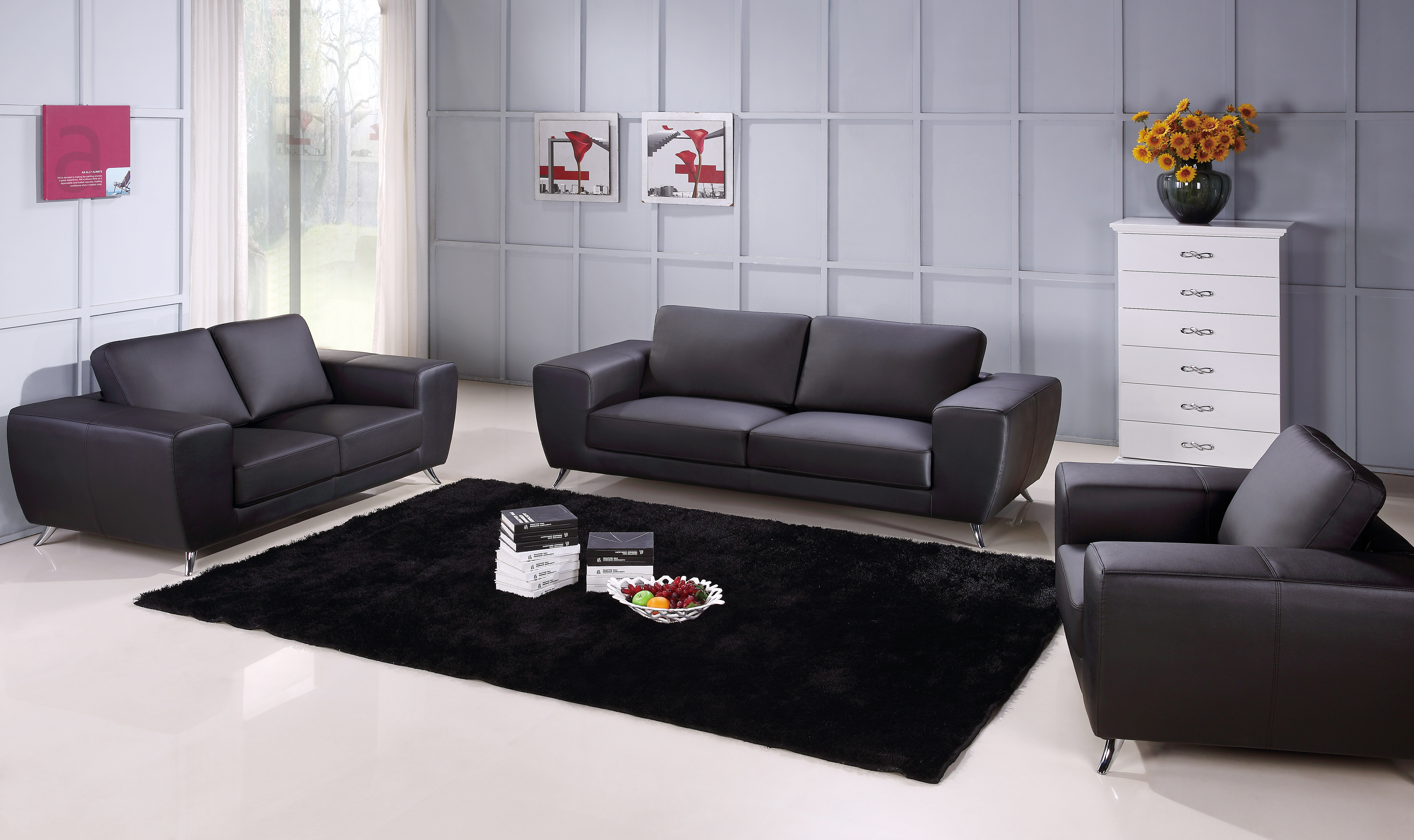 Unique Sofa Set Upholstered in Black Leather Fresno California Beverly