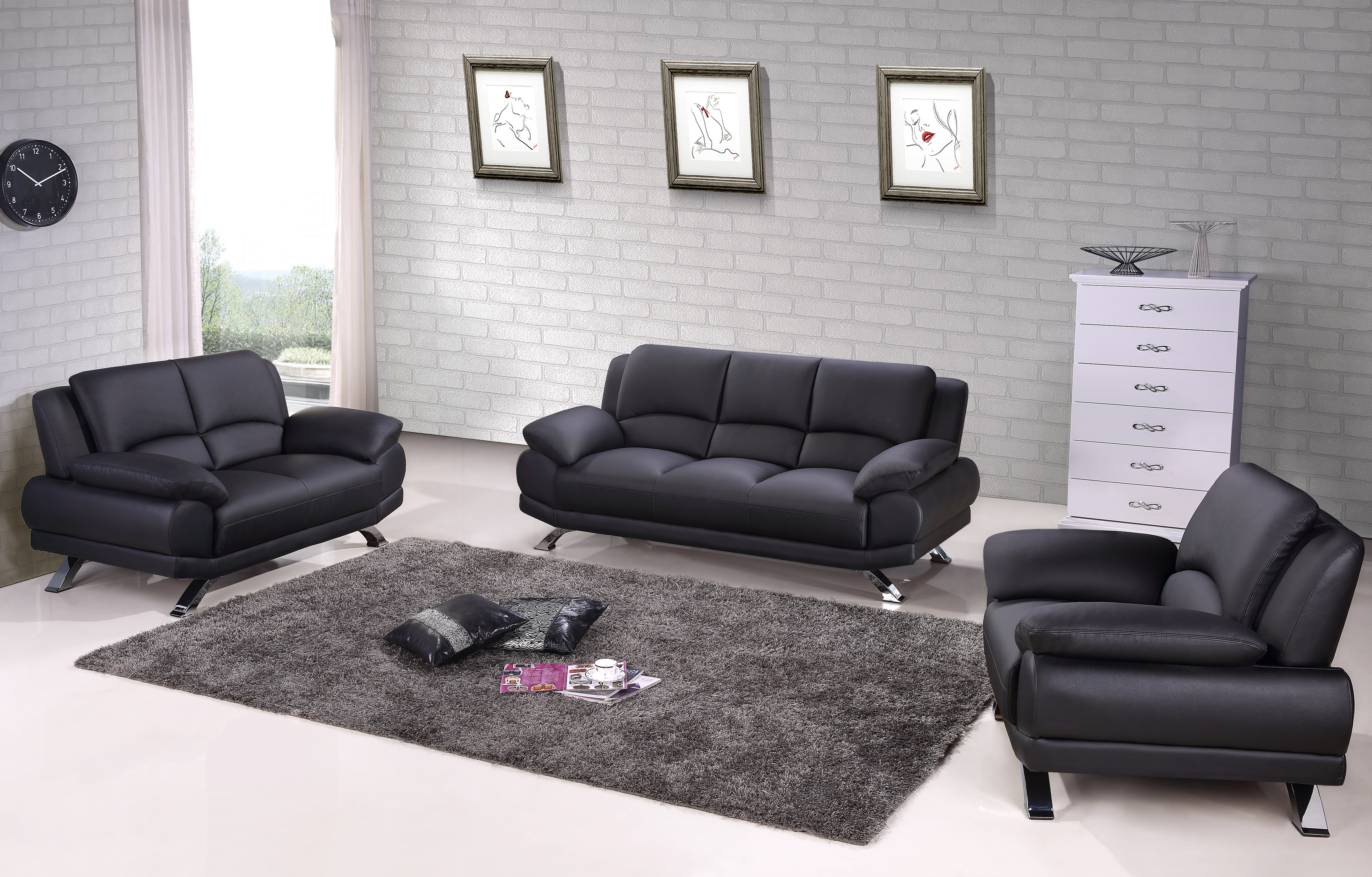 Black Genuine Leather Sofa Set with Tufted Pillows Atlanta