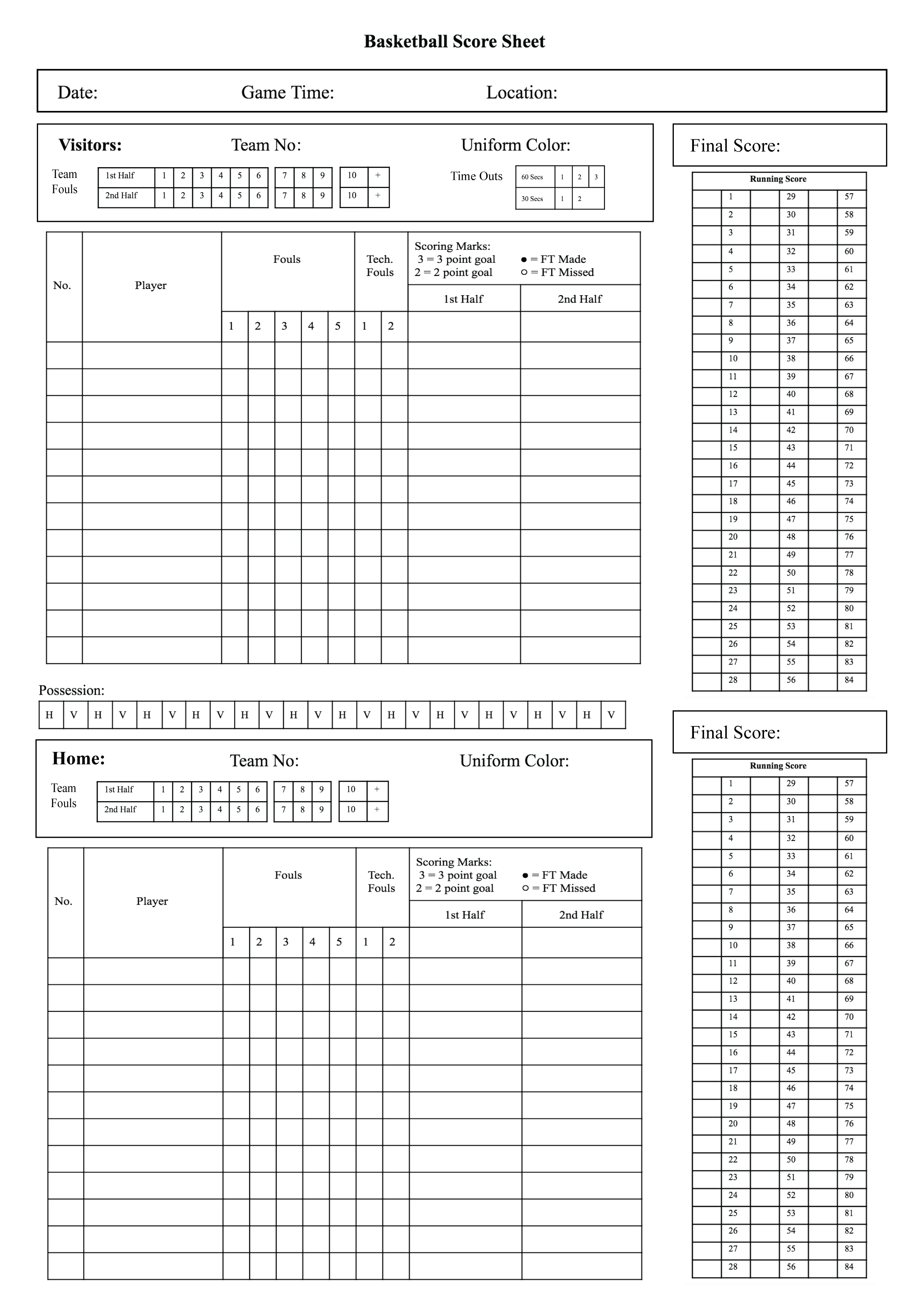 Printable Basketball Score Sheet - Customize and Print