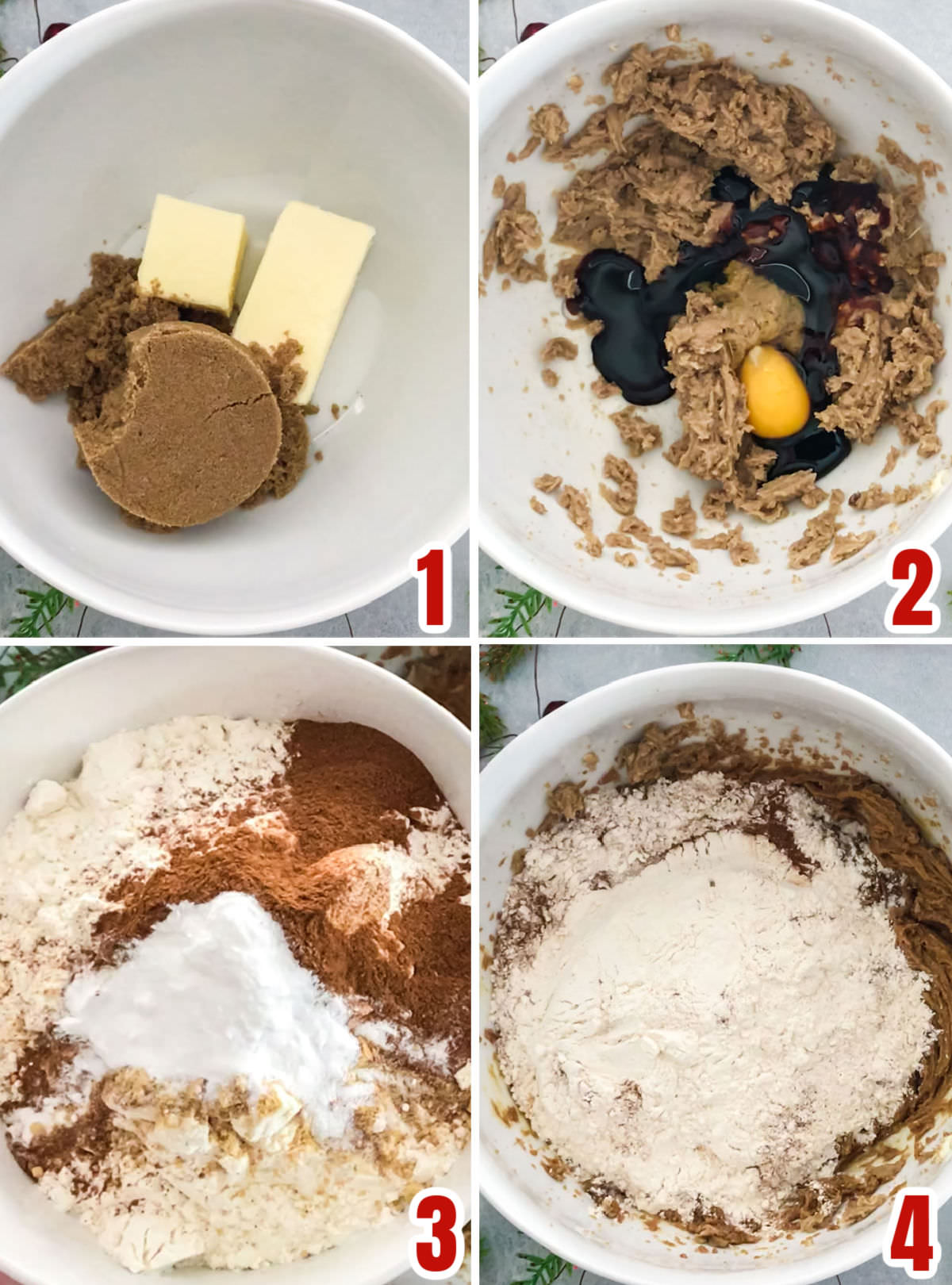 Collage image showing the steps for making the Gingerbread Crinkle Cookies dough.