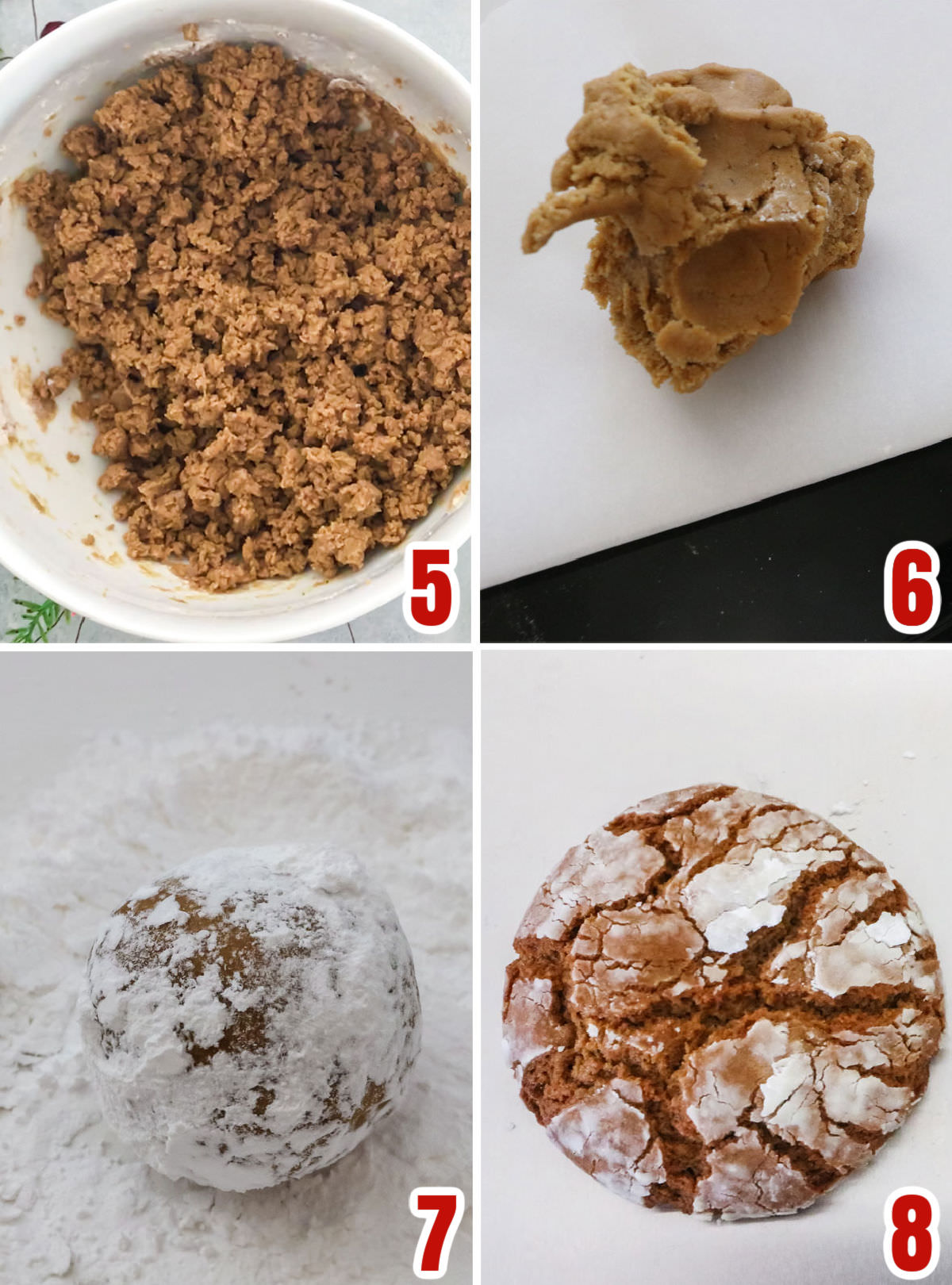 Collage image showing the steps for baking the Gingerbread Crinkle Cookies.