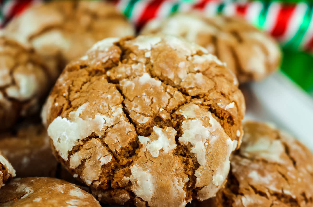 Closeup on a single Gingerbread Crinkle Cookie sitting on a stack of cookies on a white platter.