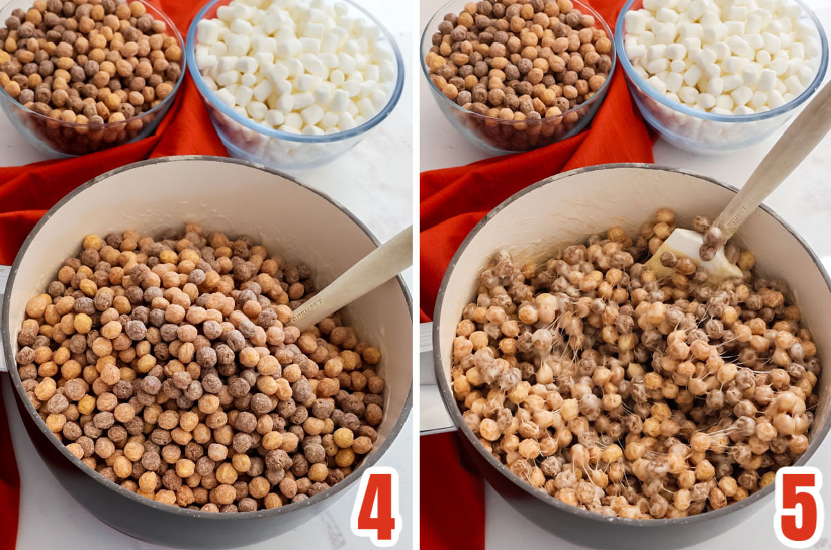 Collage image showing the steps required for adding the Reese's Puffs Cereal to the marshmallow mixture.