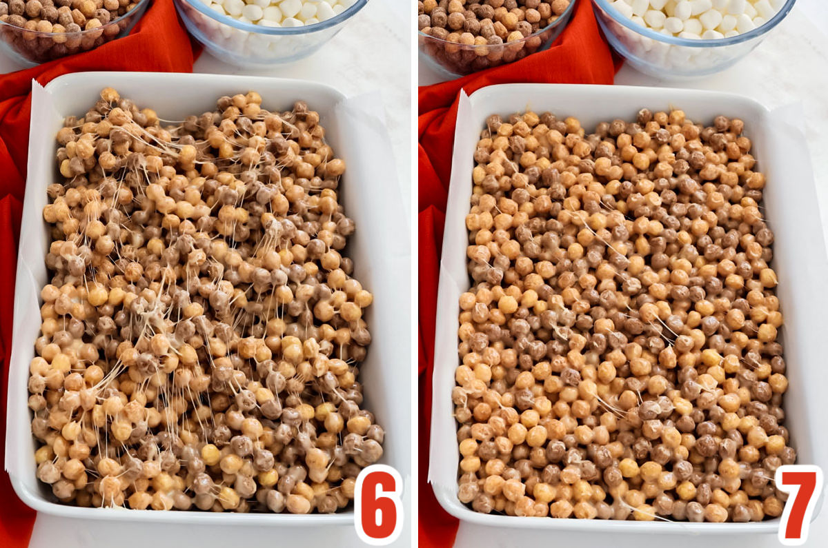 Collage image showing the steps for pouring the Reese's Puffs mixture into the 9x13" pan.