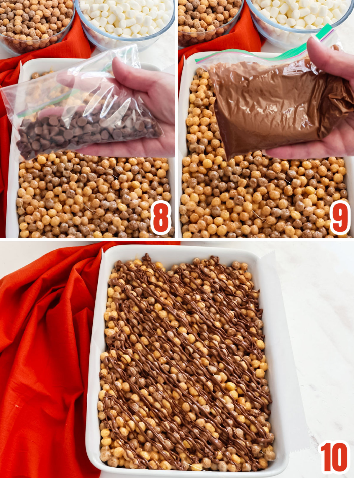 Collage image showing the steps for drizzling melted chocolate over the pan of treats.