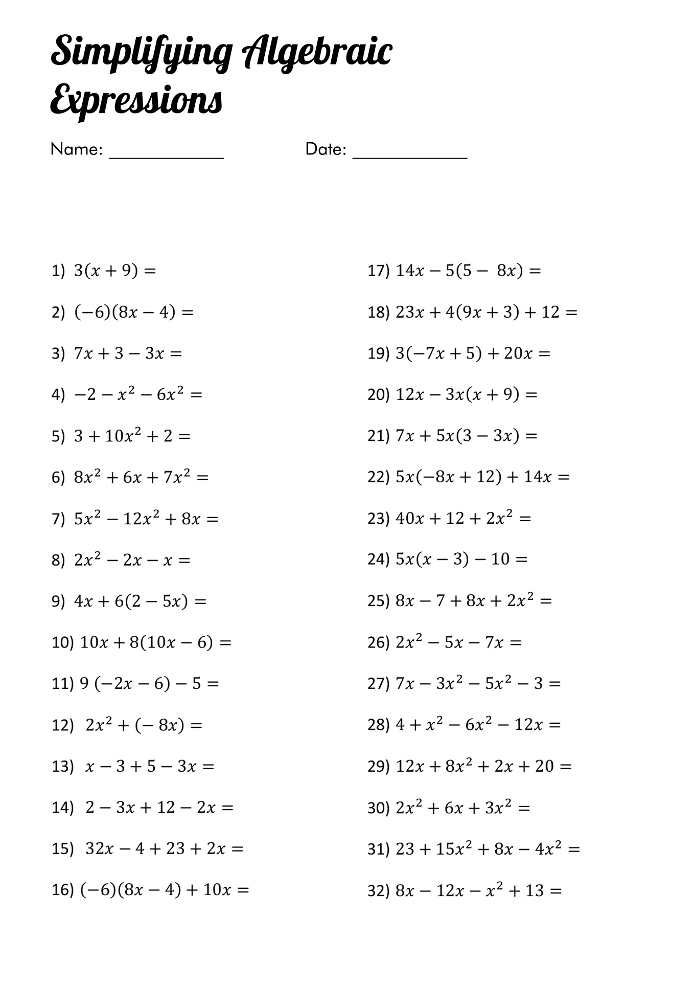 Simplifying Algebraic Expressions Worksheets Pdf