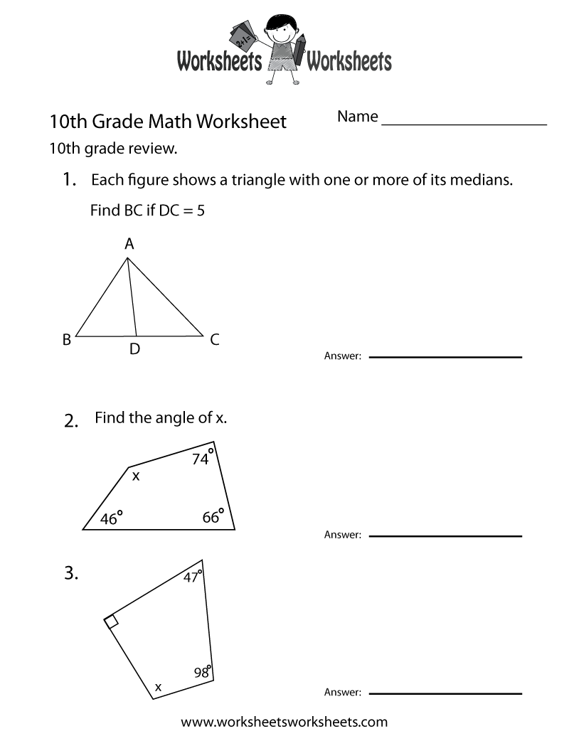 Free Printable 10th Grade Math Review Worksheet