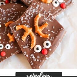 Chocolate with reindeer faces made from pretzels, candy eyes and red m&ms.