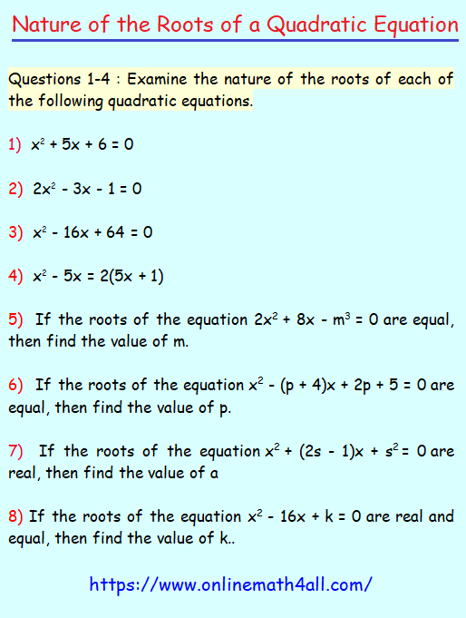 Nature Of The Roots A Quadratic Equation