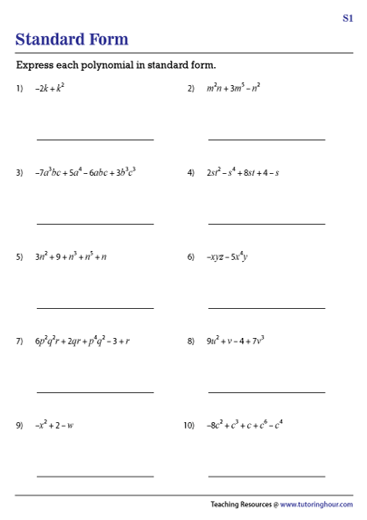 Polynomials In Standard Form Worksheets