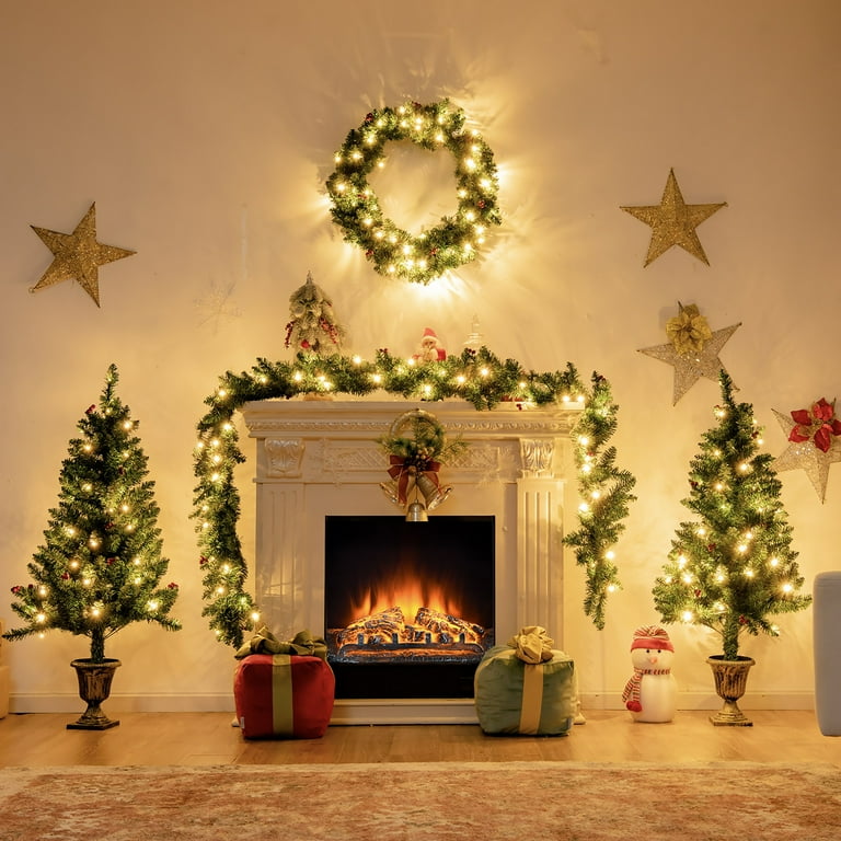 Costway 4pcs Pre-lit Christmas Decoration Set w/ Garland Wreath ...