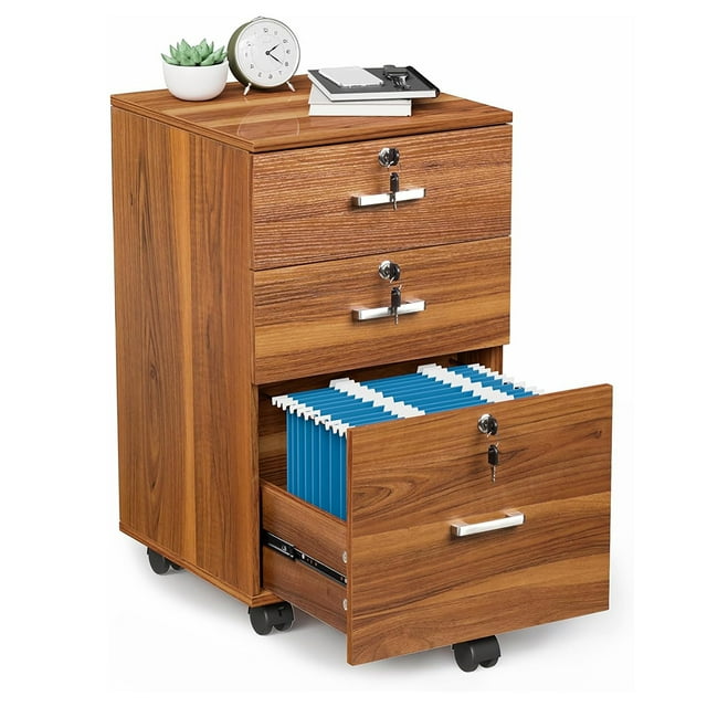 3-Drawer File Cabinet with Lock, Wood Rolling File Cabinet Under Desk ...