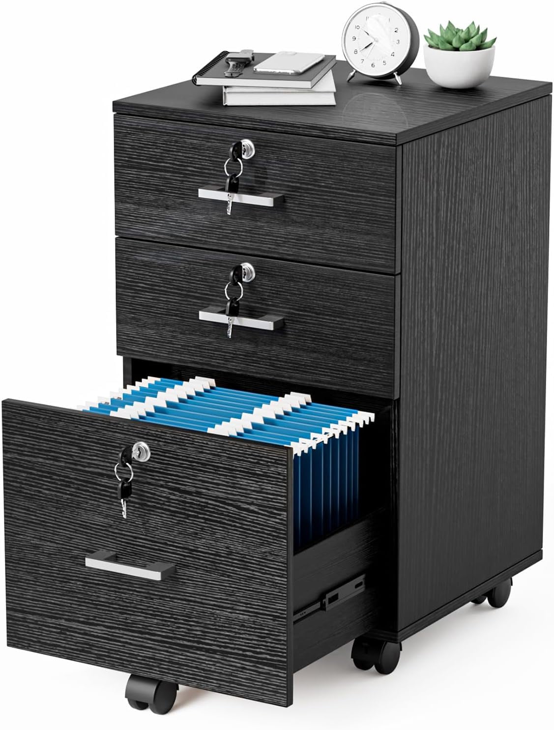 3-Drawer File Cabinet with Lock Wood Rolling Cabinet Under Desk File ...