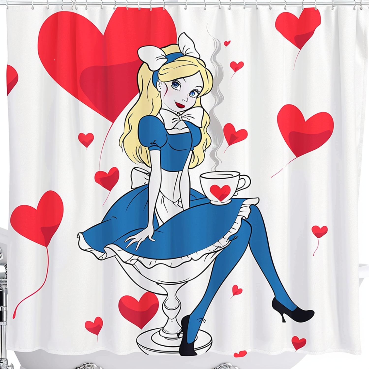 Alice in Wonderland Cartoon Shower Curtain with Red Hearts and White ...