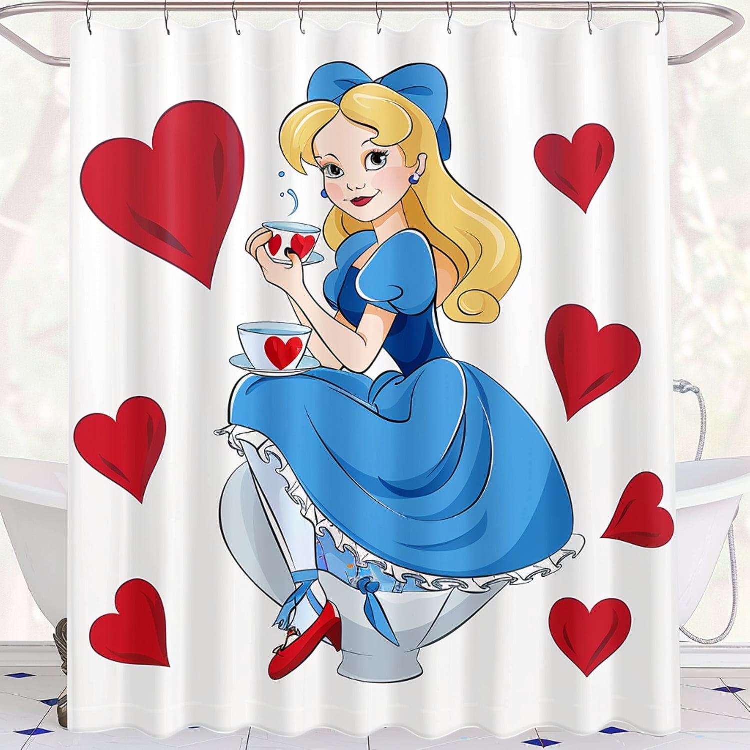 Alice in Wonderland Cartoon Style Shower Curtain with Red Hearts on Cup ...