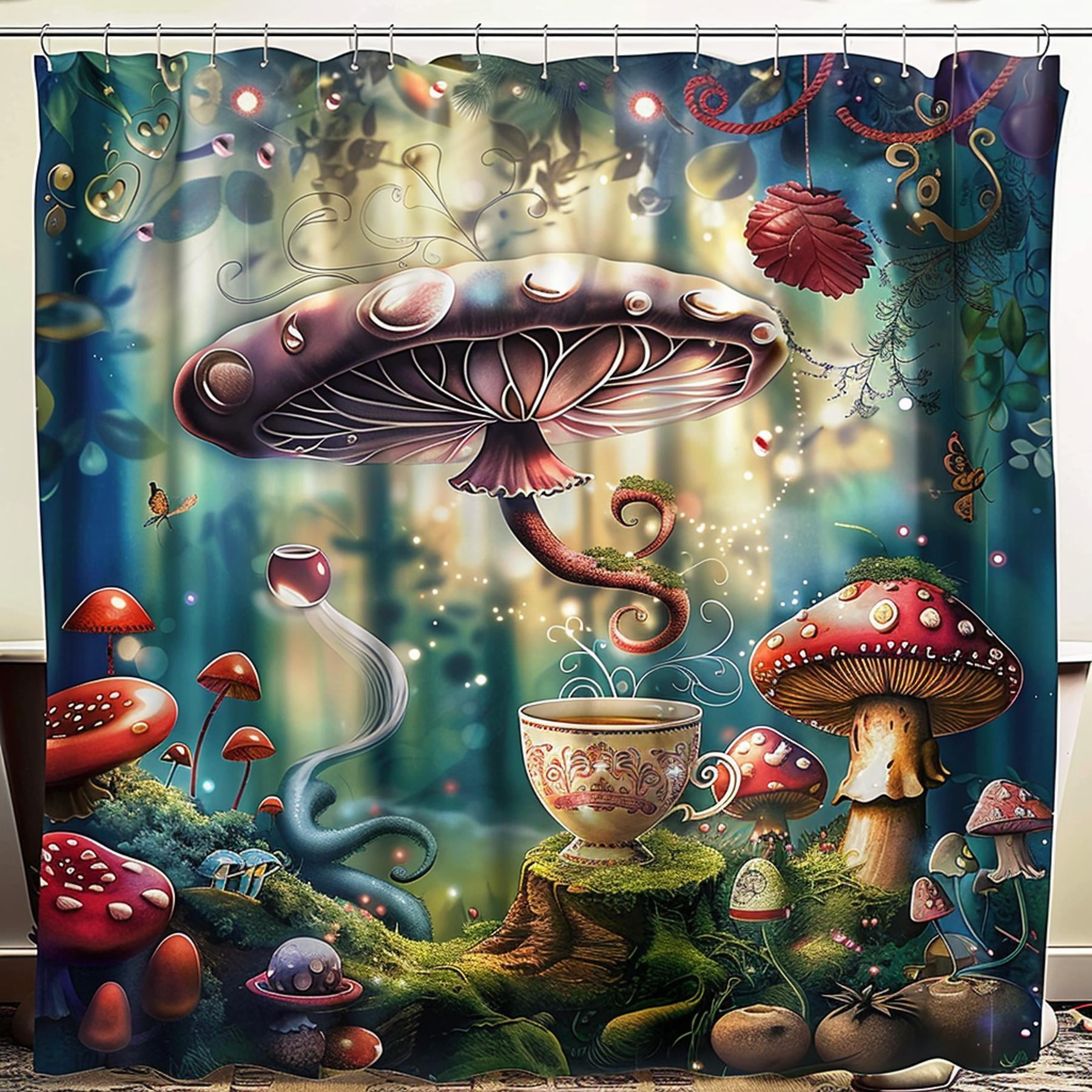 Alice in Wonderland Shower Curtain Coffee Cup & Mushroom Design Forest ...