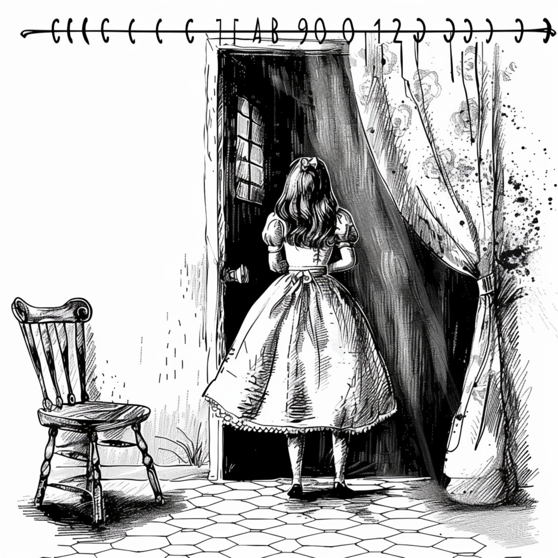 Alice in Wonderland Shower Curtain Hand Drawn Style with Monochrome Ink ...