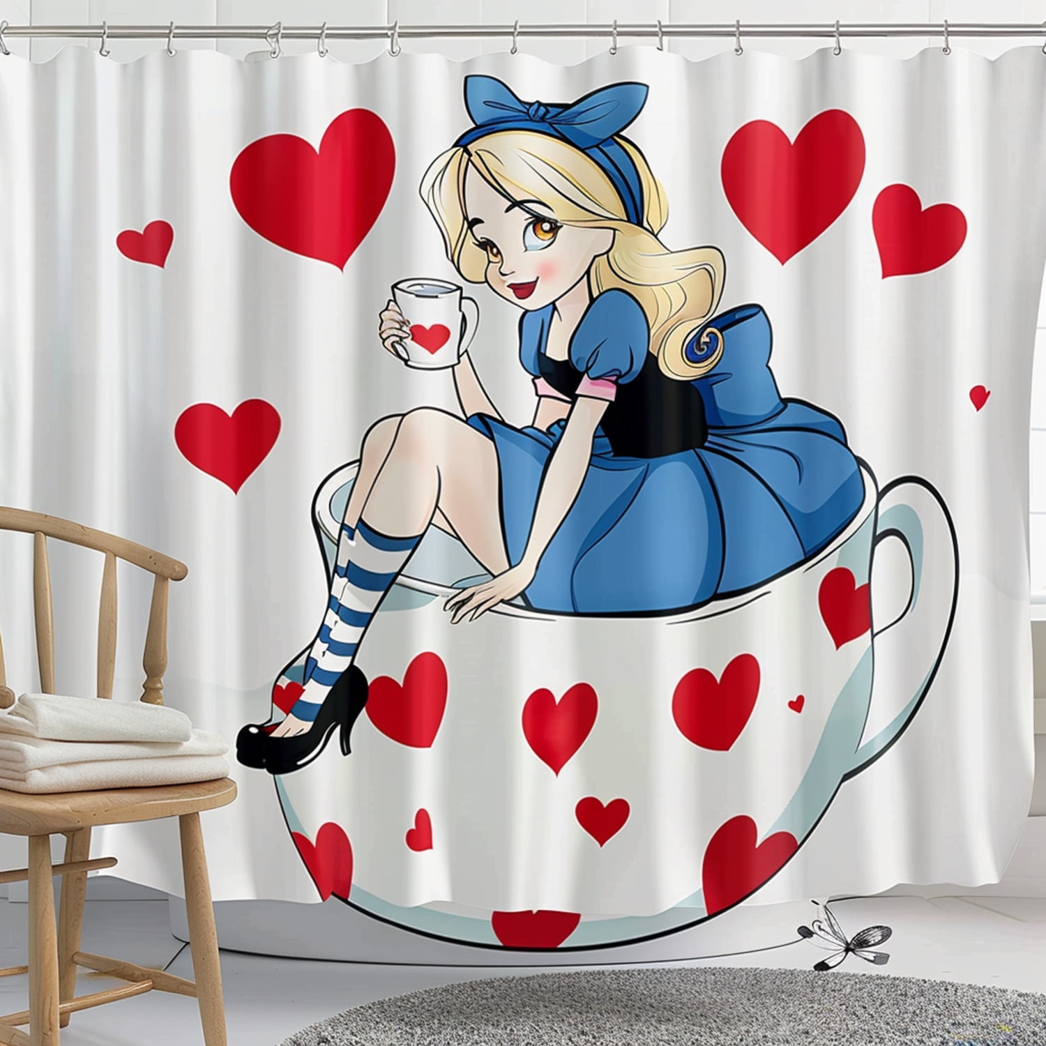 Alice in Wonderland Shower Curtain with Red Hearts Cartoon Design for ...