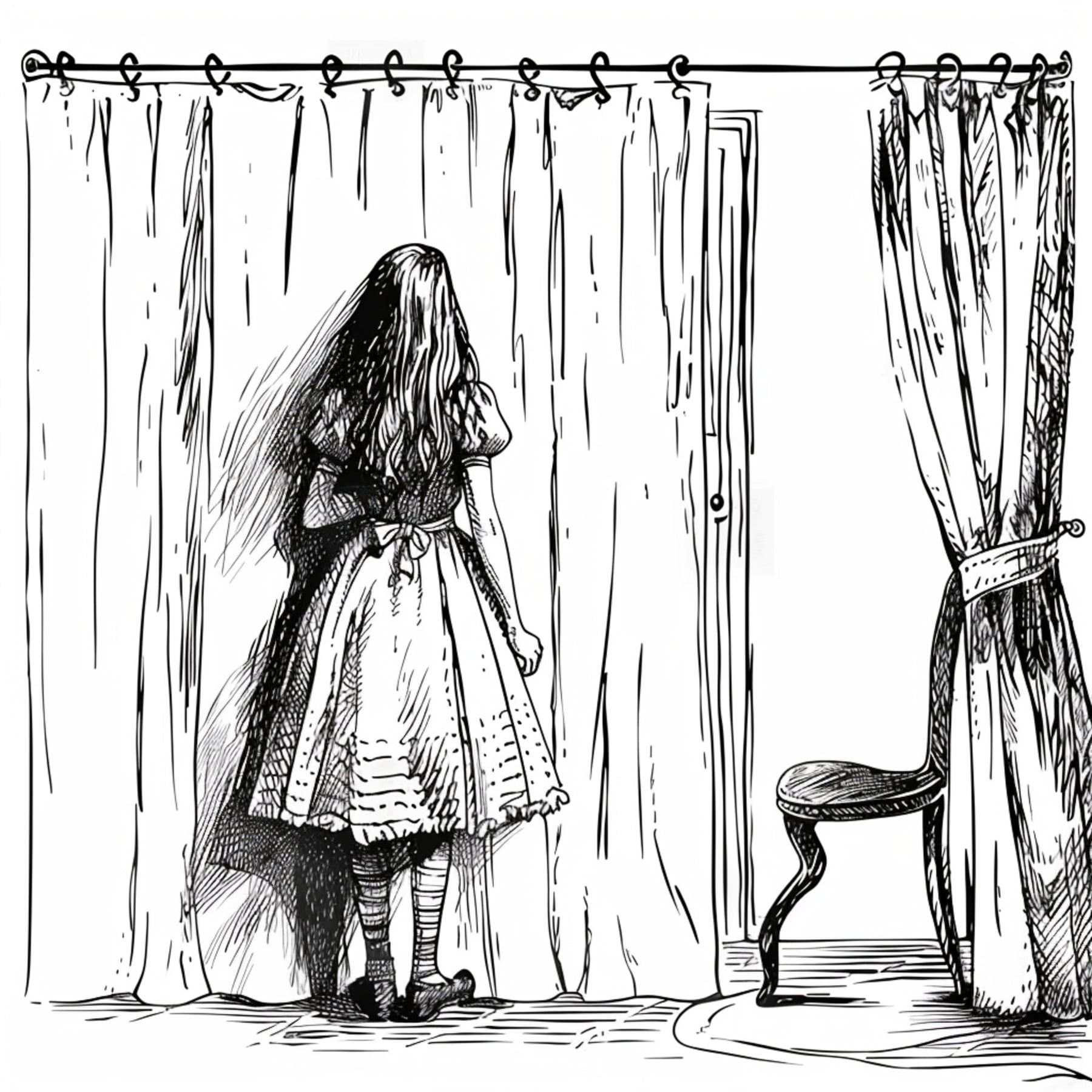 Alice in Wonderland Shower Curtain with handdrawn style and monochrome ...