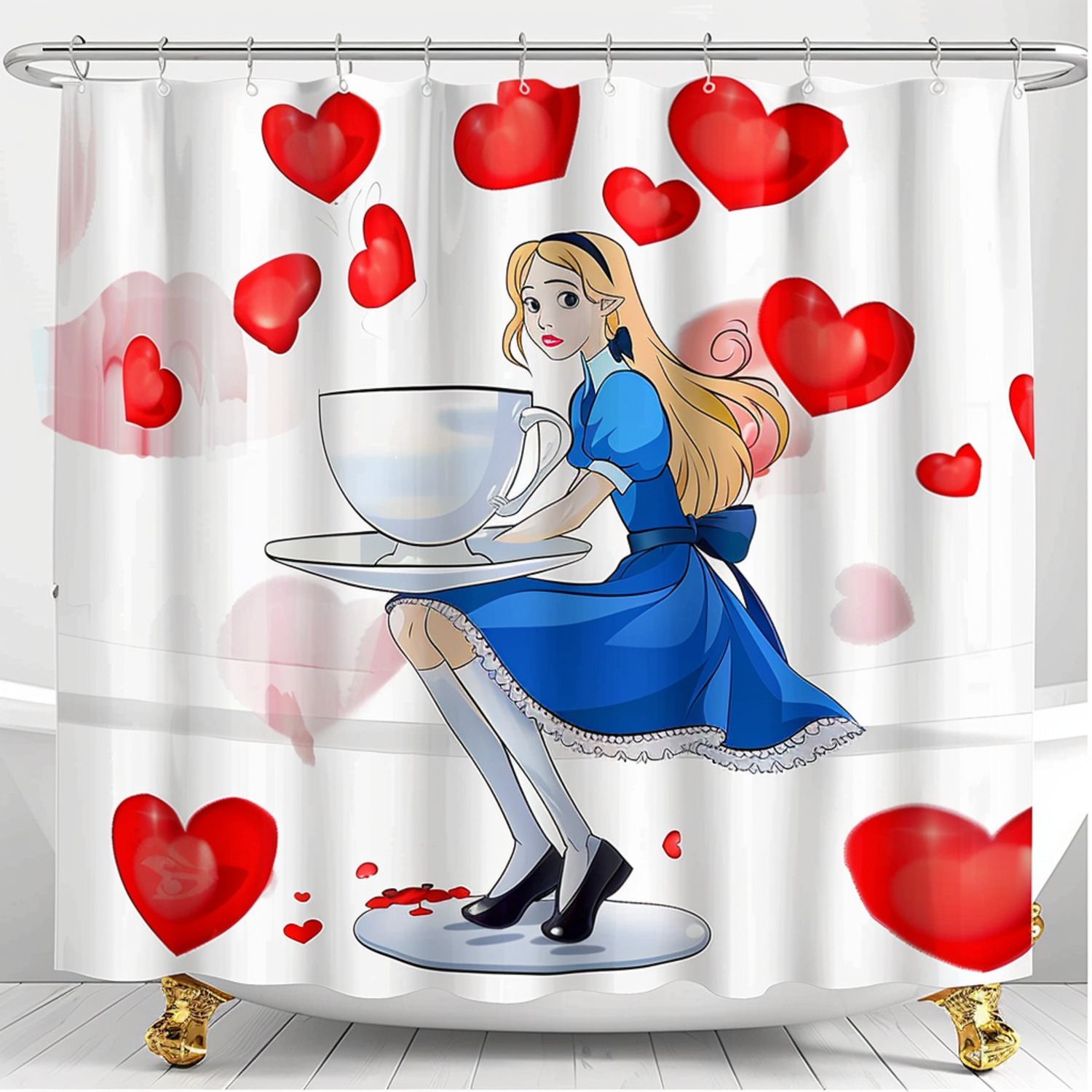 Alice in Wonderland Tea Party Shower Curtain with Hearts and Cartoon ...