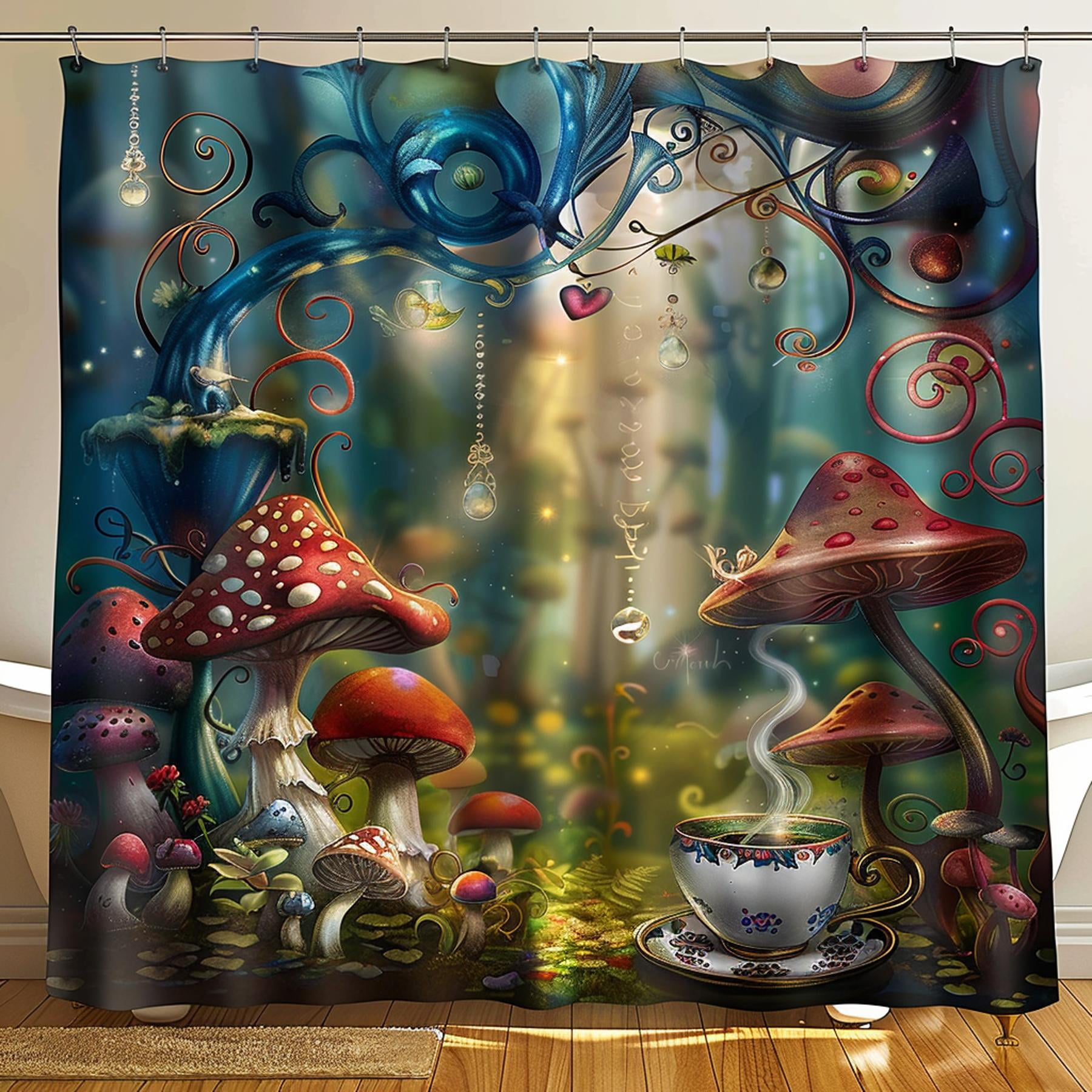 Alice in Wonderland themed shower curtain with colorful mushrooms and ...