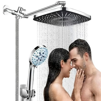 BESTSLE Head with handheld, High Pressure 12'' Rainfall Stainless Steel with ON/OFF Pause Switch Combo with hose,Adhesive Shower Head Holder (Square Matte sliver)