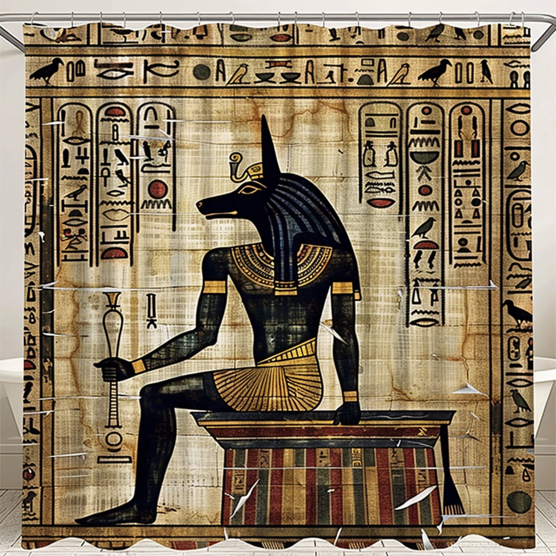 Egyptian Anubis God Papyrus Pattern Shower Curtain with Hieroglyphics ...