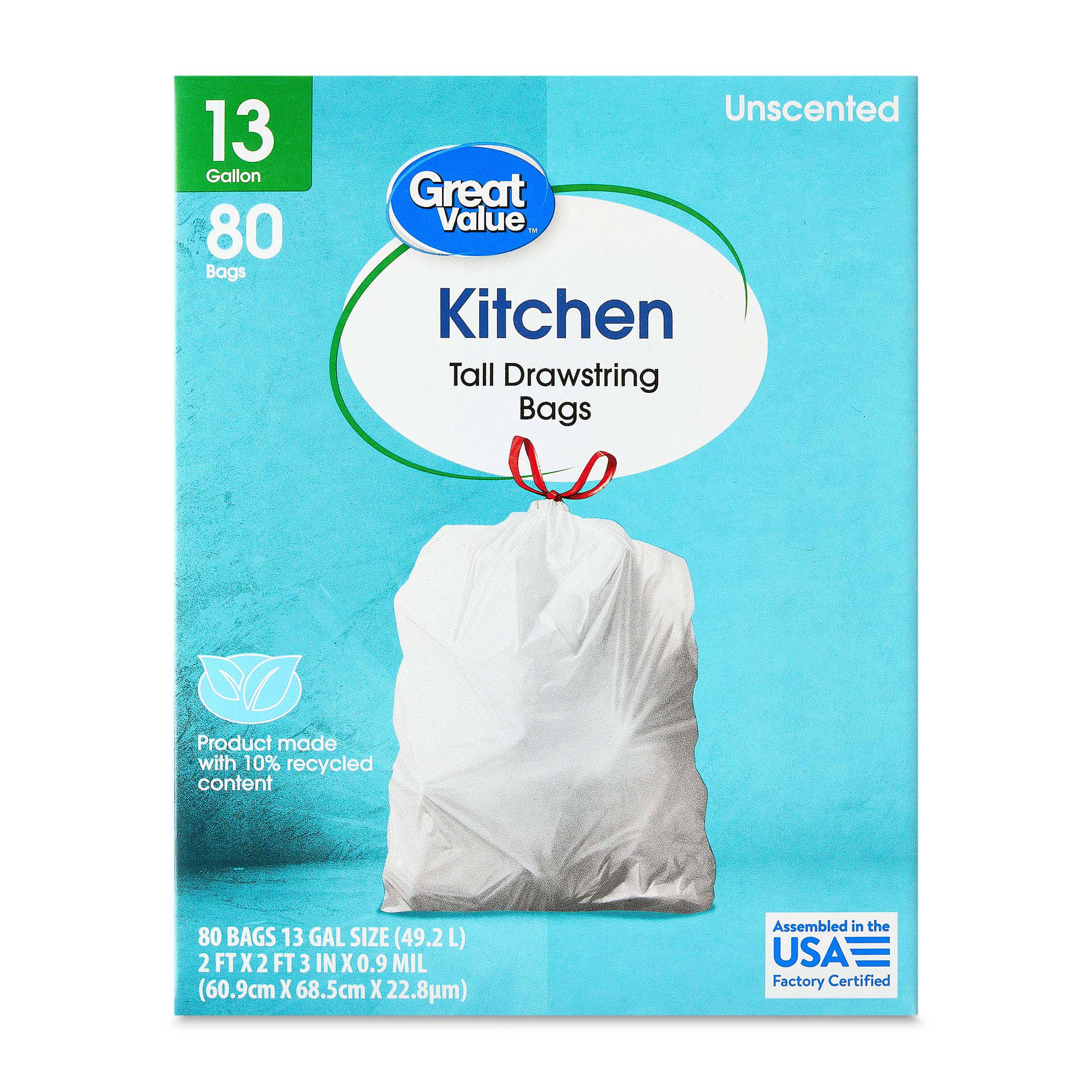 Great Value 13-Gallon Drawstring Tall Kitchen Bags, 80 Bags - Walmart.com