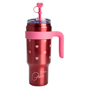 Paris Hilton 40oz Stainless Steel Tumbler with Removable Handle, Straw, and Lid, Pink with Hearts