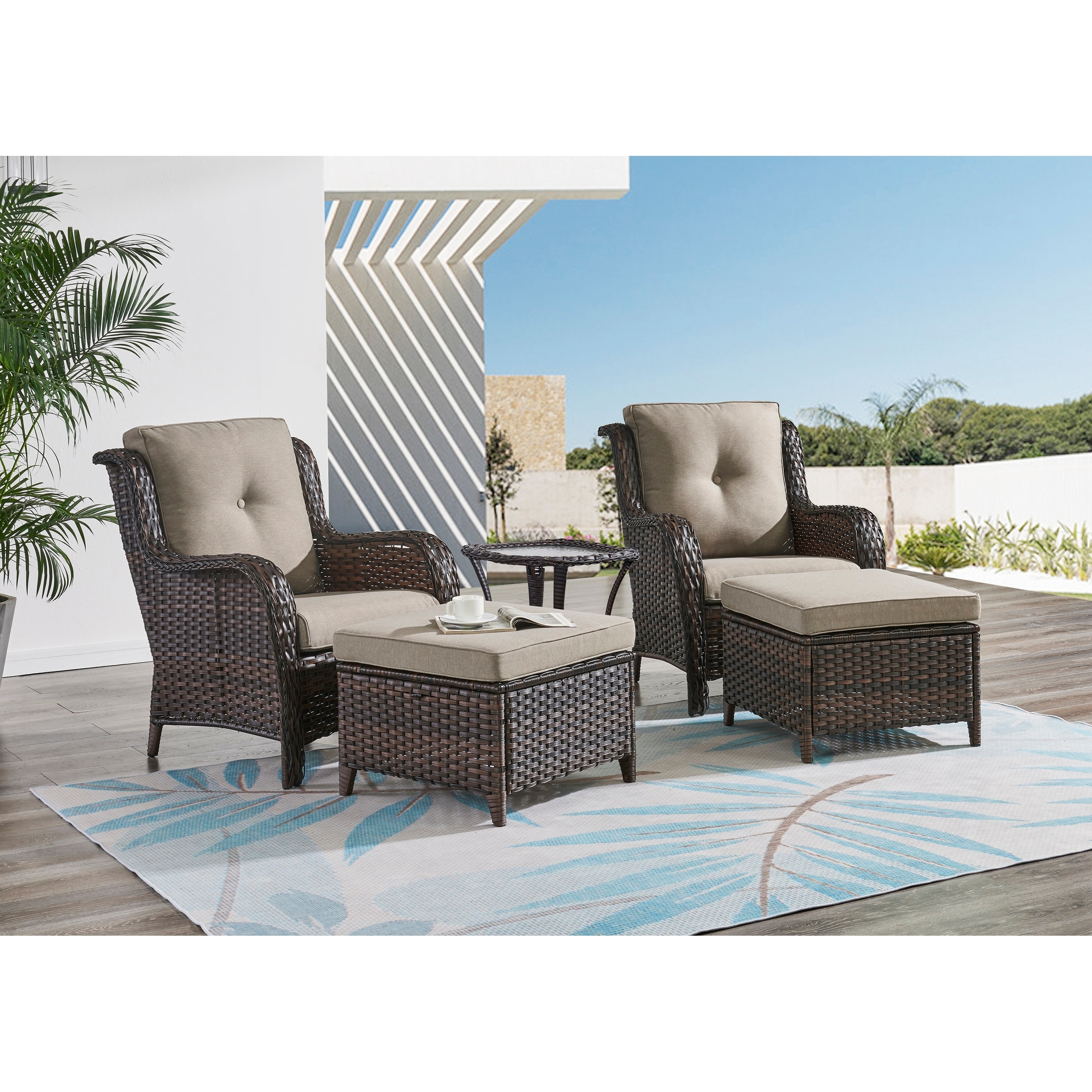 Pocassy 5-Piece Patio Furniture Wicker Chairs with Ottomans & Table ...