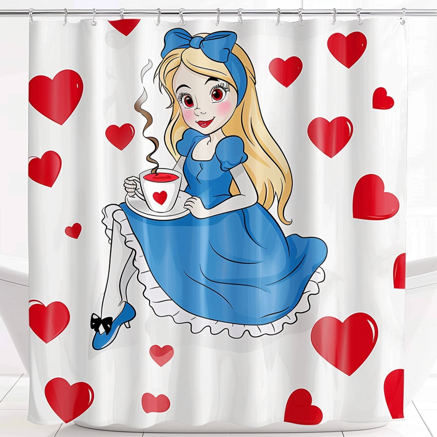 Whimsical Alice in Wonderland Cartoon Design with Red Hearts on Cup ...