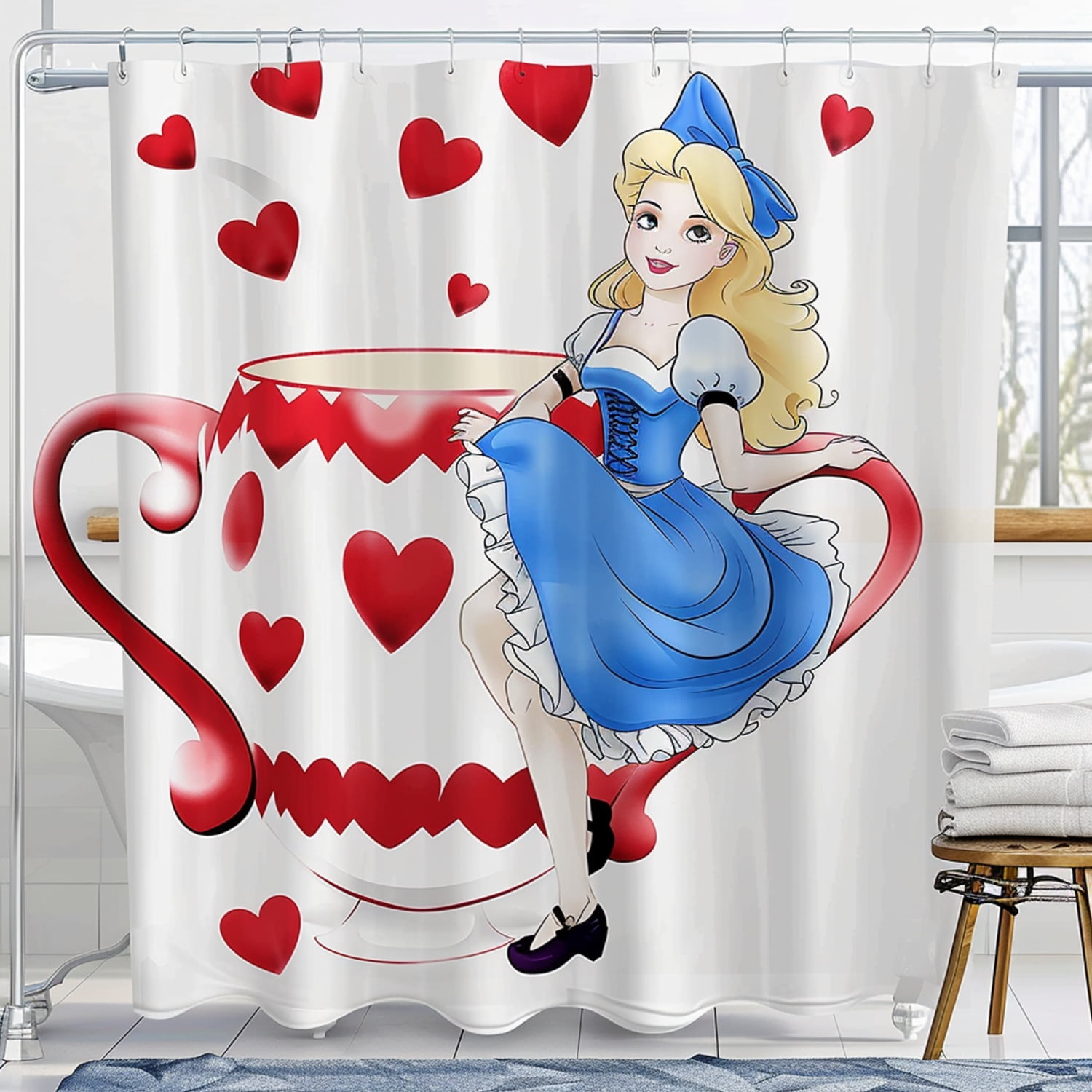 Whimsical Alice in Wonderland Shower Curtain Giant Cup Design with Red ...