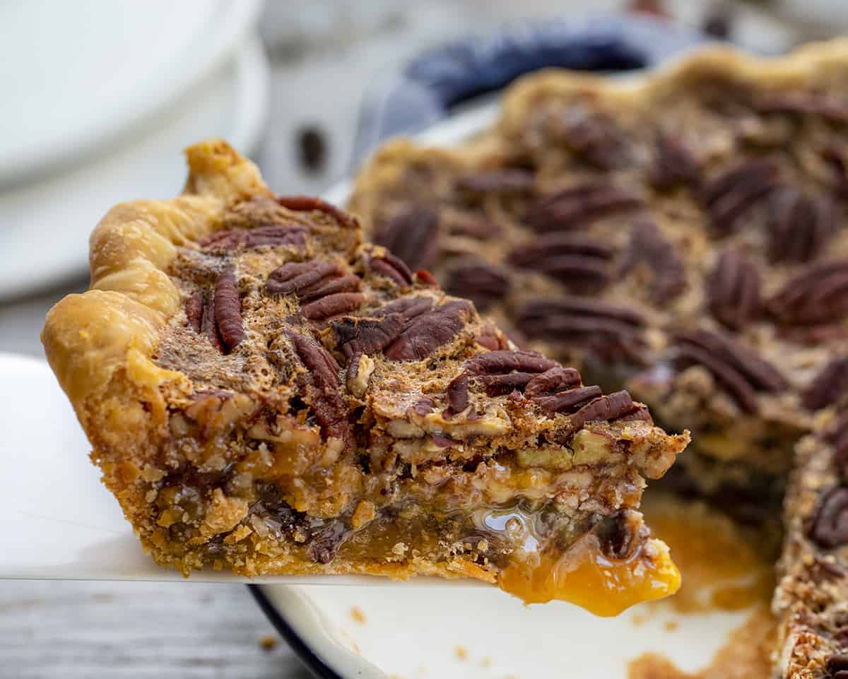 Piece of Chocolate Pecan Pie on Pie Server