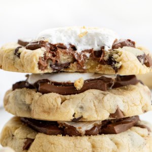 Stack of S'mores Cookies with top cookie bit into showing inside texture.