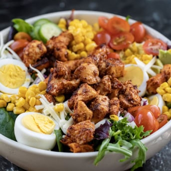 Bowl of Chipotle Chicken Cobb Salad on a slate table.