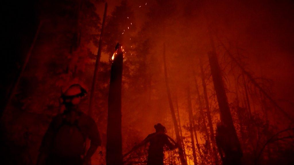 Firefighters stand amidst wildfires in Canada's the Northwest Territories