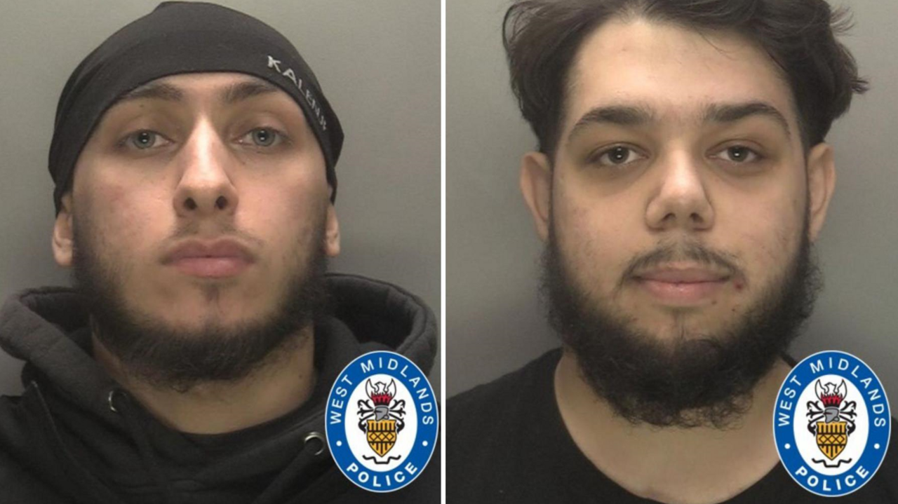 The men appear in police mugshots. Abubaker is wearing a tight-fitting hat and has a beard and is wearing a black hoodie. Demalji has a beard and is wearing a black round-neck top.