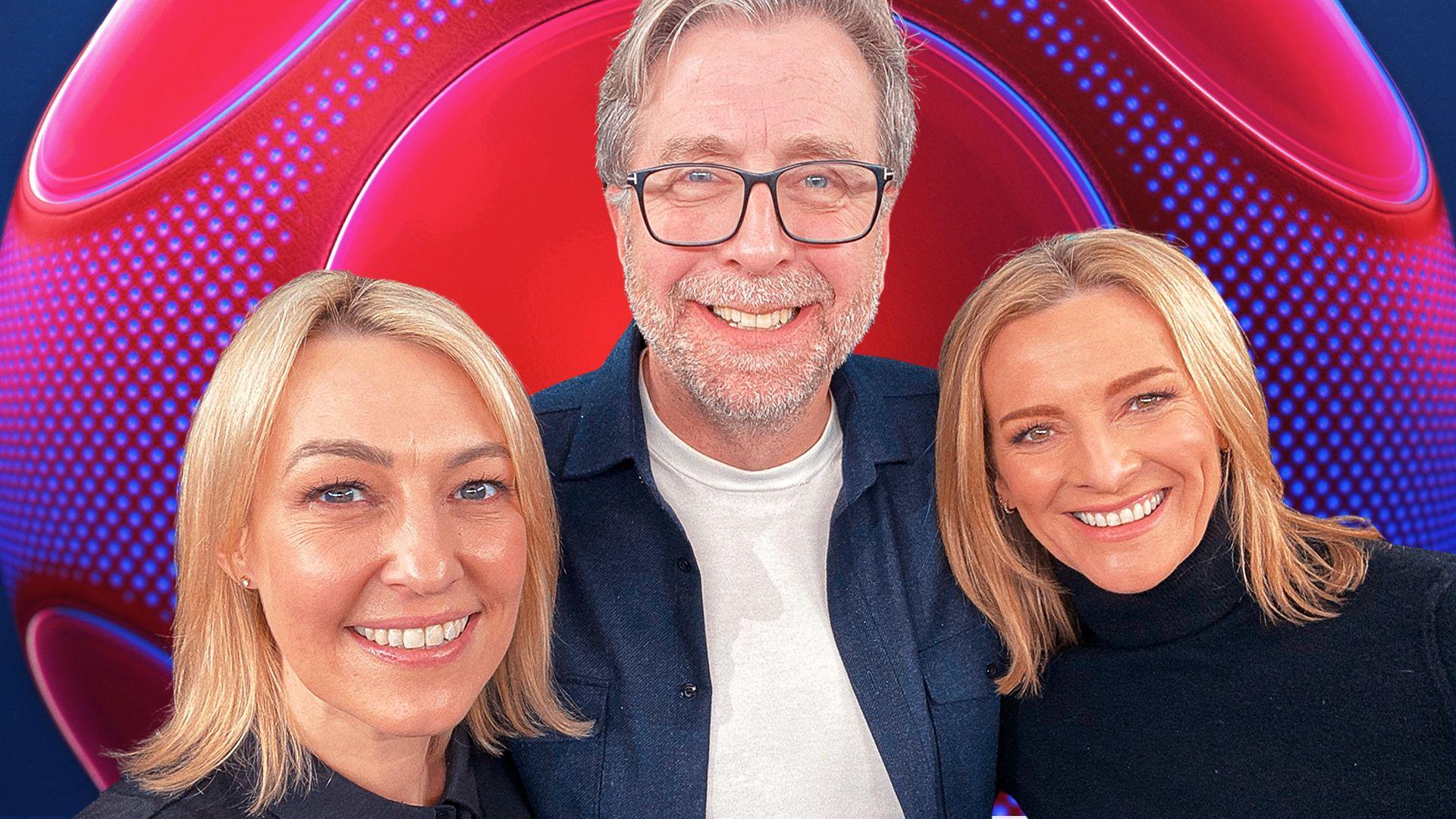 Kelly Cates, Mark Chapman and Gabby Logan pose in front of the MOTD2 badge