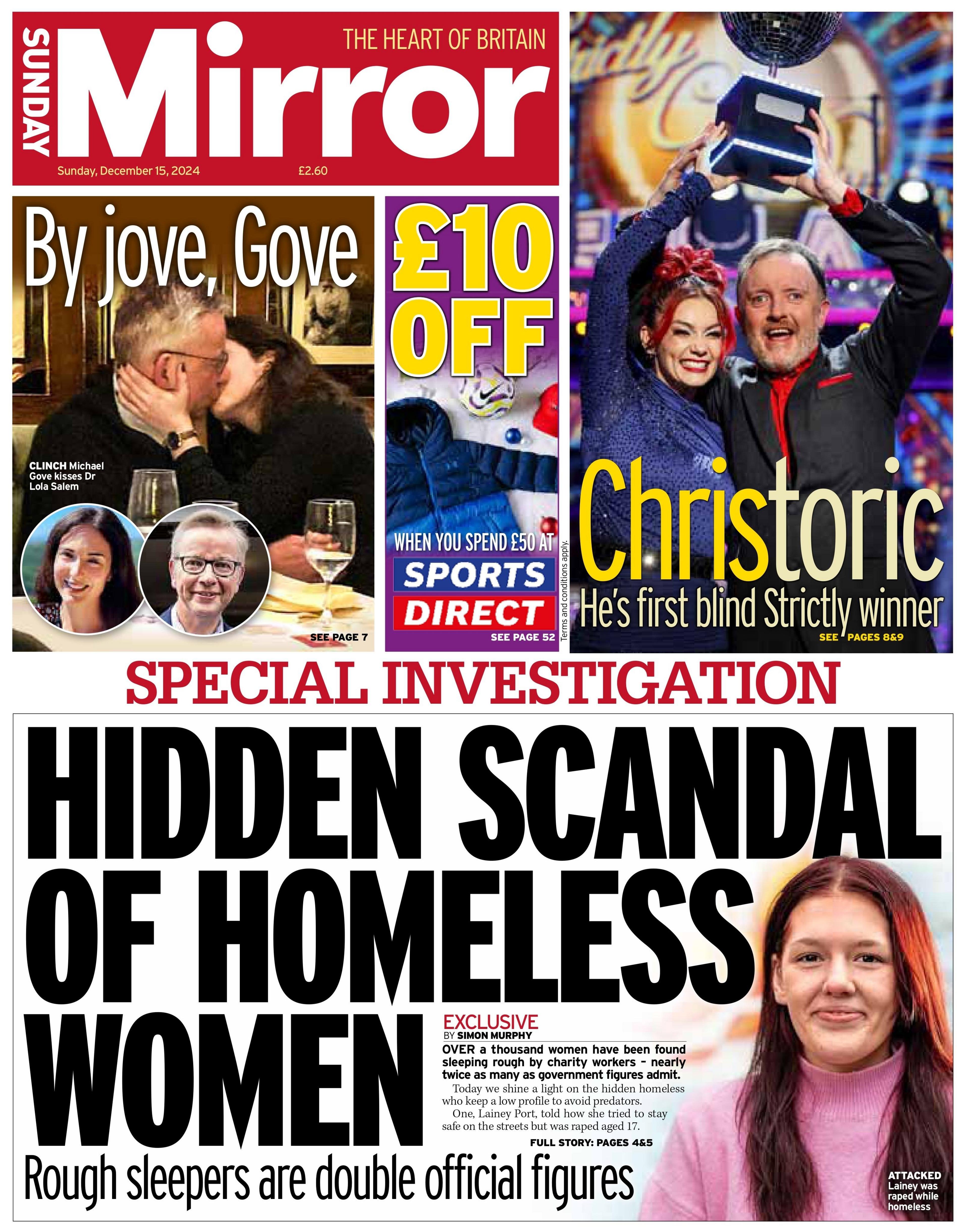 The front page of the Sunday Mirror which reads "Hidden Scandal of Homeless Women". 