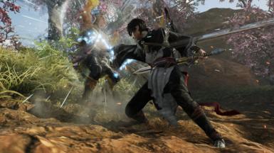 A character attacks another, causing him to fly backwards with light refracting off his body. They are both dressed in feudal era Chinese clothes and wielding swords. Behind them, a lush green scene with cherry blossom trees.