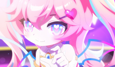 A close up of a video game character with pink hair and a heart hair clip. The character is holding her finger and thumb close together.