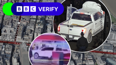 Composite image of a New Orleans map overlaid with annotated images of the suspect's white pickup truck