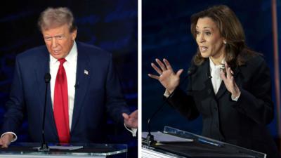 Split screen of Donald Trump and Kamala Harris at debate