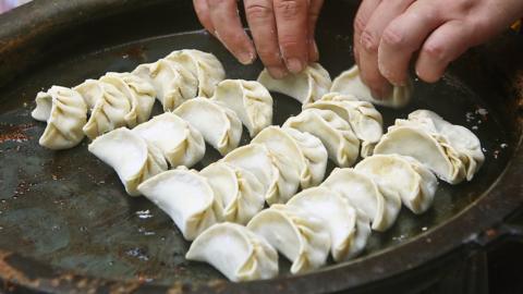 A person cooking Japanese dumplings